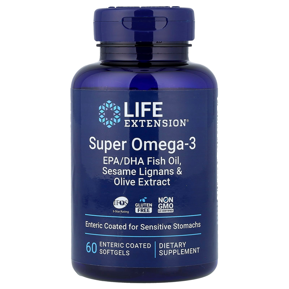 Life Extension, Super Omega-3, рыбий жир с ЭПК и ДГК, лигнанами кунжута и экстрактом оливы, 60 капсул, покрытых кишечнорастворимой оболочкой