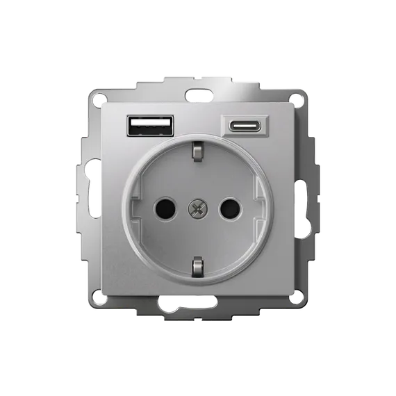 Розетка с USB A+C с заземлением и защитными шторками Systeme Electric AtlasDesign Алюминий ATN000332