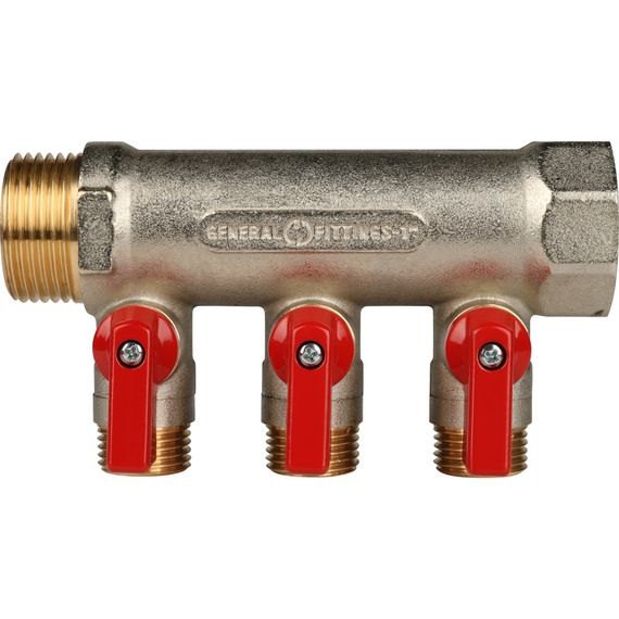 Коллектор запорный STOUT ВР-НР 1"/НР 3*1/2" красные ручки 30456