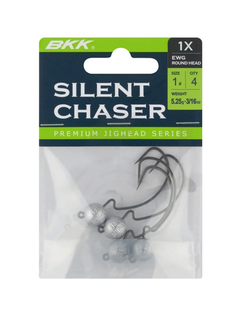 Джиг-головка для рыбалки BKK на офсетном крючке Silent Chaser - 1X - EWG Round Head, размер крючка 1, вес 5,25г, 4 шт.