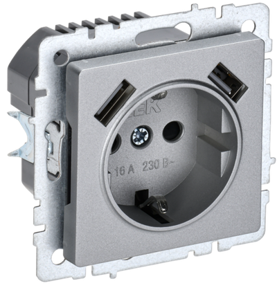 BRITE Розетка 1-местная с заземлением с защитными шторками 16А с USB A+A 5В 3,1А РЮш10-2-БрА алюминий IEK