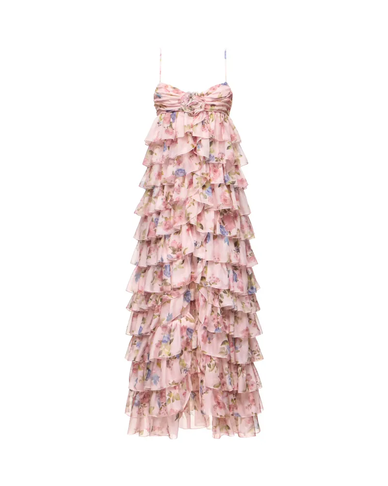 Уиллоу макси (Willow maxi), платье макси из розового шифона с цветочным принтом и розой
