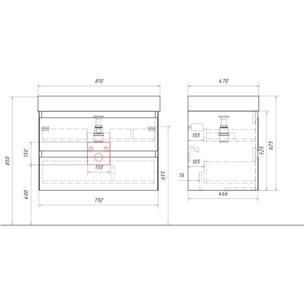 AQ GE01082GRM Geometria Тумба под умывальник подвесная, 792х466х525 мм, 2 ящика, Серый
