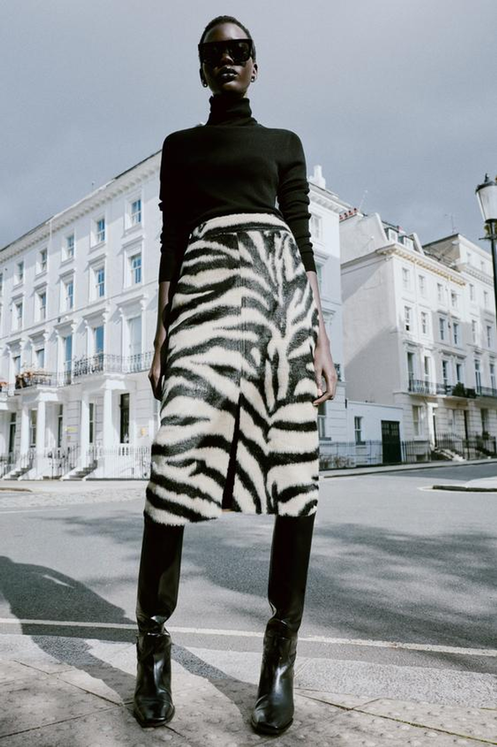 ZARA ЮБКА МИДИ ИЗ ИСКУССТВЕННОГО МЕХА, ЧЕРНЫЙ/БЕЛЫЙ