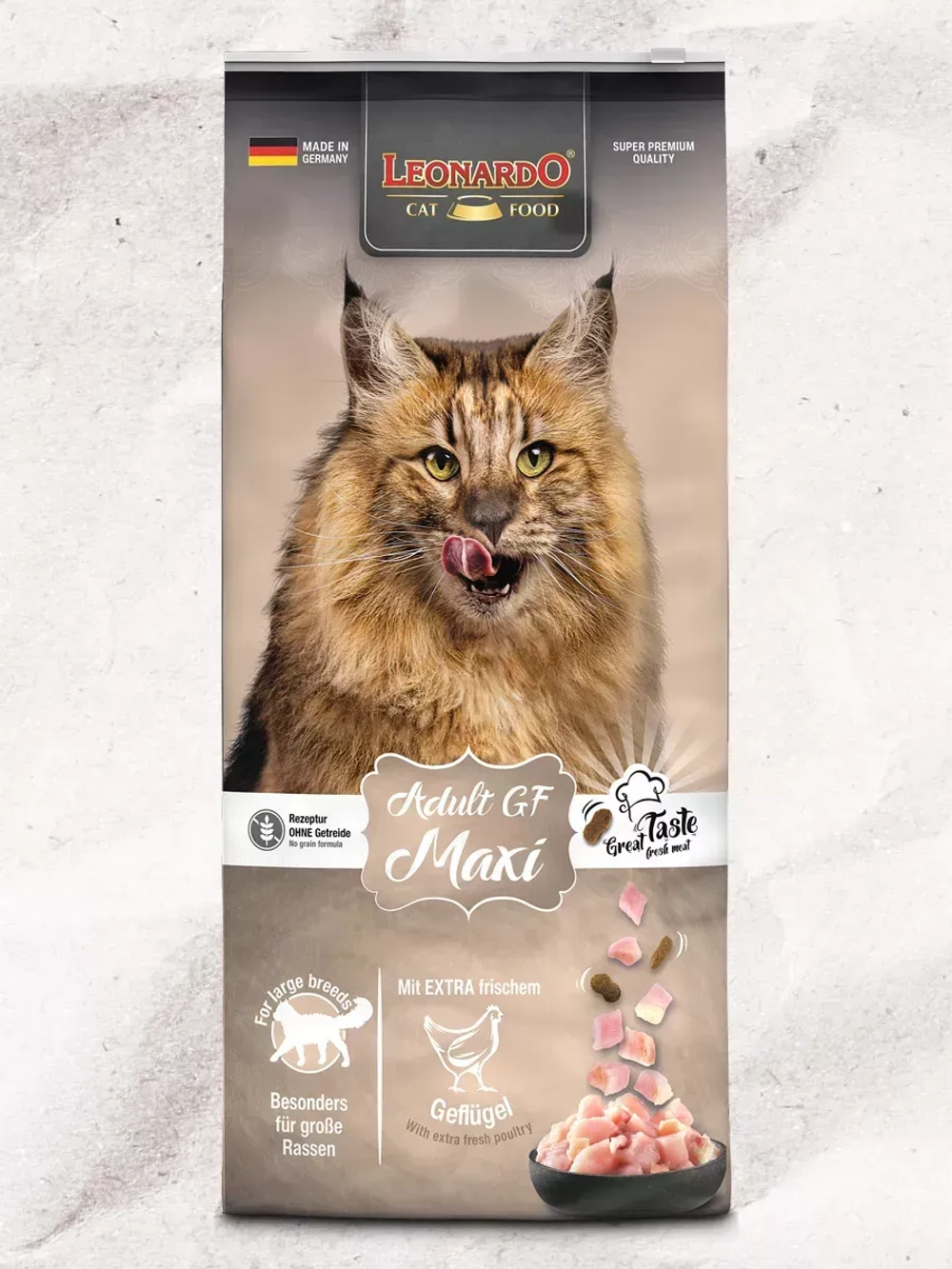 Корм Leonardo Adult GF Maxi беззерновой для взрослых кошек крупных пород из мяса Птицы, 15 кг.