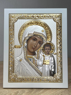 Казанская БМ, икона прямоугольная с рамкой, белое дерево 150х190