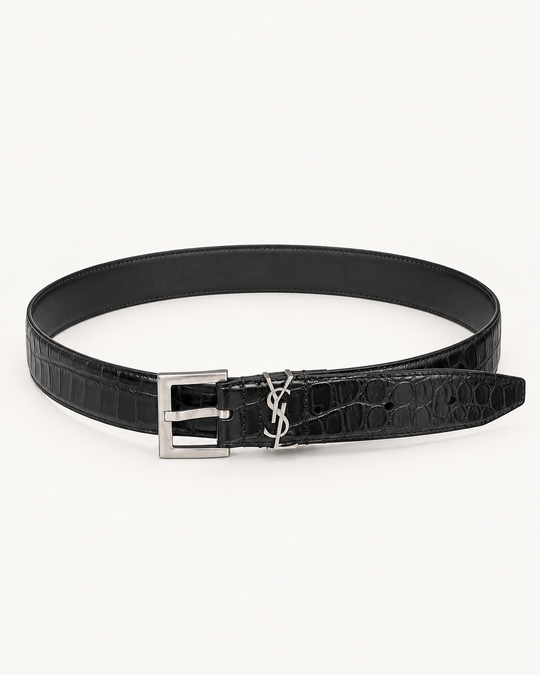 Женский ремень Saint Laurent 3,0 см — чёрный с серебристой пряжкой и YSL