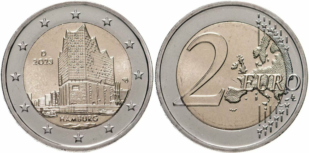Германия 2 евро, 2023 Гамбург, Эльбская филармония XF