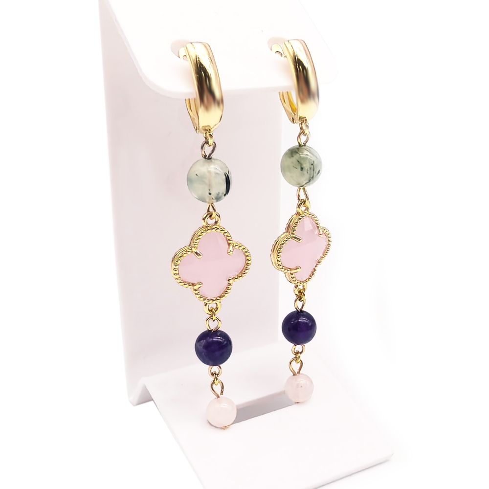 Серьги из аметиста, розового кварца и пренита, розового кварца