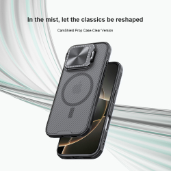 Чехол прозрачный тонированный (Transparent Black) от Nillkin с металлической крышкой и MagSafe на iPhone 16 Pro, серия CamShield Prop Magnetic Case