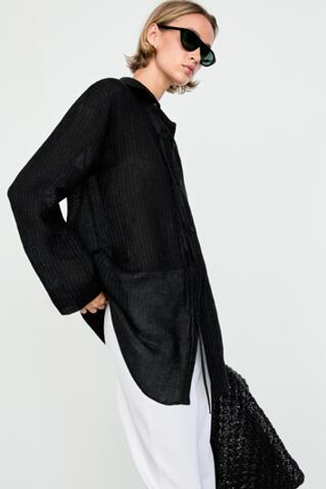 Massimo Dutti Блуза в полоску из смесового льна с пуговицами, черный