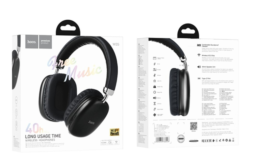 Стереонаушники Bluetooth полноразмерные Hoco W35 Free Music V5.3/40ч черные