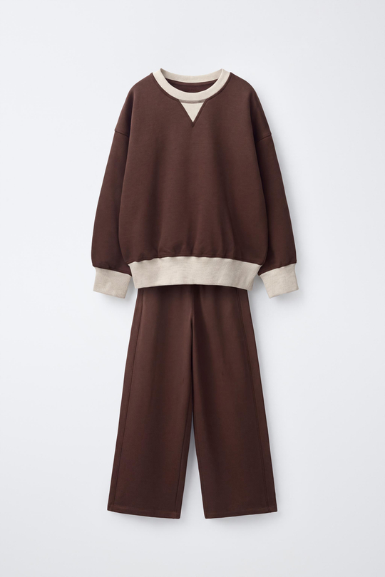 ZARA КОМПЛЕКТ ИЗ ТОЛСТОВКИ И БРЮК WIDE LEG В СТИЛЕ COLOR BLOCK, КОРИЧНЕВЫЙ