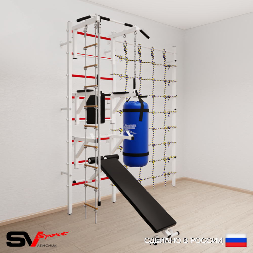 Шведская стенка Sv Sport 59530 (Турник стандарт/Брусья/Стойка/Скамья/Канат/Лестница/Цепь/Мешок 30кг/Канатный лаз)