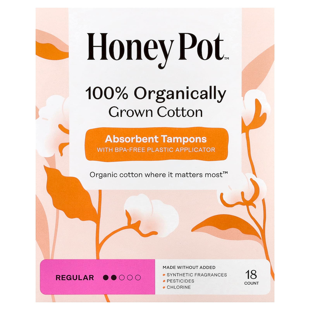 The Honey Pot Company, впитывающие тампоны из 100% органического хлопка, обычные, 18 шт.