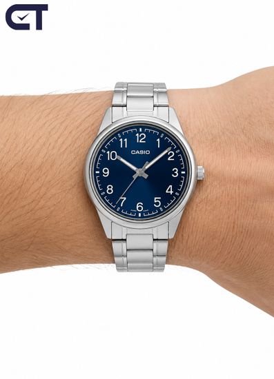 Casio MTP-V005D-2B4 General часы наручные мужские — синий циферблат с белыми цифрами и стальной браслет