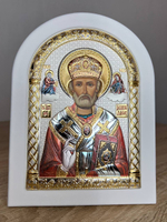 Николай Чудотворец, икона арочная, белое дерево, эмаль 105х140