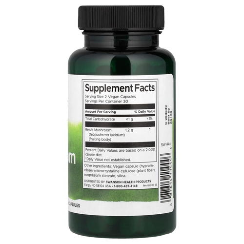Swanson Vitamins, гриб рейши, 600 мг, 60 веганских капсул