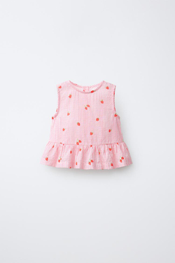 ZARA БЛУЗА В ПОЛОСКУ С КЛУБНИКОЙ, РОЗОВЫЙ
