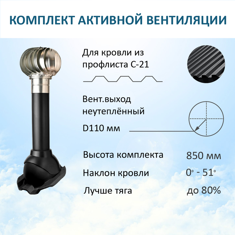 Комплект активной вентиляции: Вентиляционный выход D110 не утепленный высота H=500 мм, проходной элемент PROF-21 для металлопрофиля кровельного профнастила С21, турбодефлектор Ø 110 мм из оцинкованного металла, черный