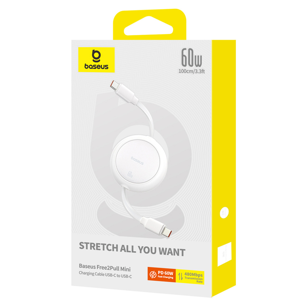 USB-C Кабель Baseus Free2Pull Mini Charging+Data 60W 1m - Moon White