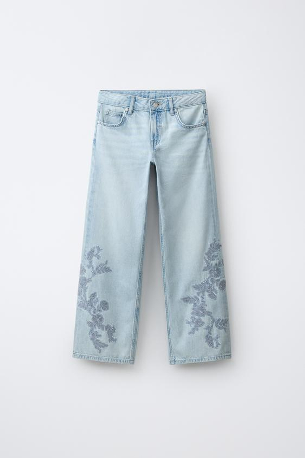 ZARA ДЖИНСЫ WIDE LEG С ВЫШИВКОЙ И СТРАЗАМИ, СИНИЙ