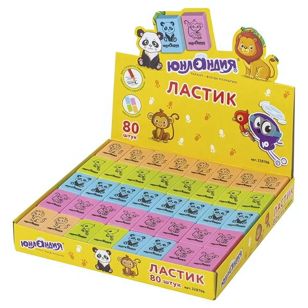 Ластик 28х18х10мм. прямоугольный "Зверушки" (Юнландия)