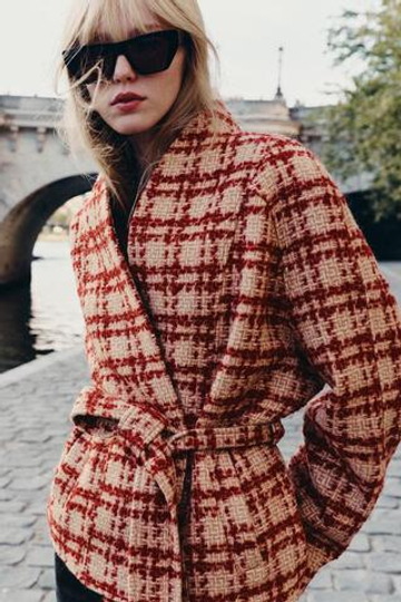 ZARA КУРТКА С ПОЯСОМ ИЗ СМЕСОВОЙ ШЕРСТИ — ZW COLLECTION, КРАСНЫЙ/БЕЛЫЙ