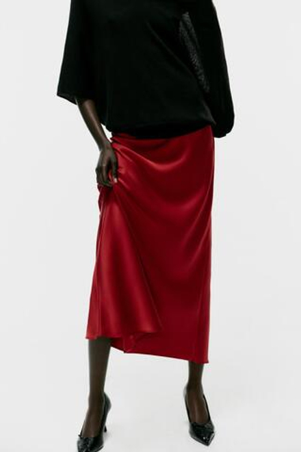 ZARA АТЛАСНАЯ ЮБКА МИДИ, НАСЫЩЕННЫЙ КРАСНЫЙ