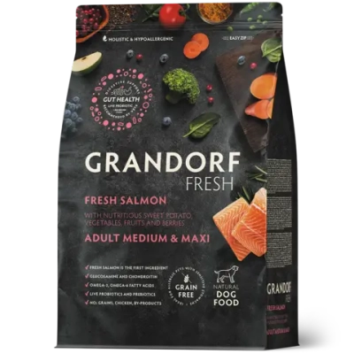 Grandorf Fresh, Fresh Salmon, Adult Medium & Maxi для собак средних и крупных пород (Свежее филе лосося с бататом)