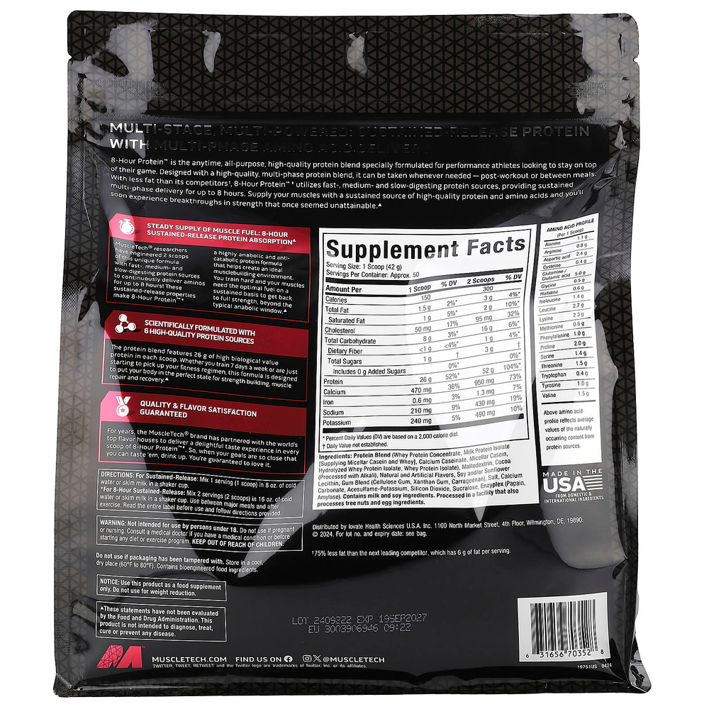 MuscleTech, Platinum 8-Hour Protein, смесь для приготовления протеинового коктейля, молочный шоколад, 2,09 кг (4,6 фунта)