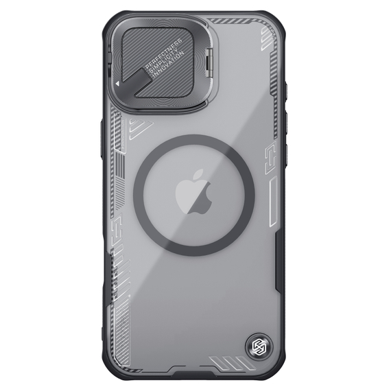 Чехол тонированный (Transparent Black) от Nillkin с металлической откидной крышкой и поддержкой магнитной беспроводной зарядки MagSafe на iPhone 16, серия Iceblade Prop Magnetic Case