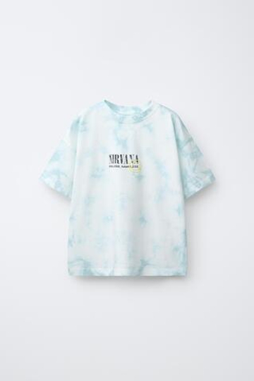 ZARA ФУТБОЛКА TIE DYE С ПРИНТОМ NIRVANA ®, СИНИЙ