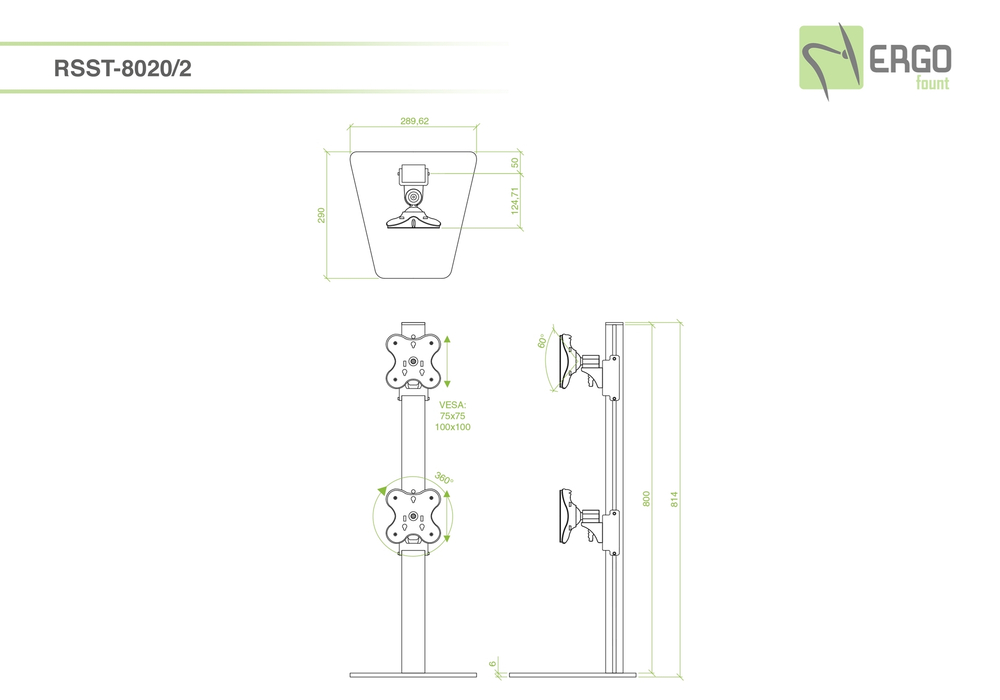 ErgoFount RSST-8020/2 Крепление для 2 мониторов до 24" с утяжеленным основанием. Цвет - серебристый
