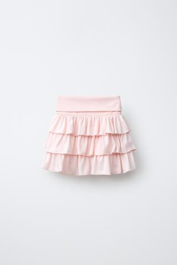 ZARA ЮБКА-ШОРТЫ С ВОЛАНАМИ И ОТВОРОТАМИ, ПАСТЕЛЬНО-РОЗОВЫЙ