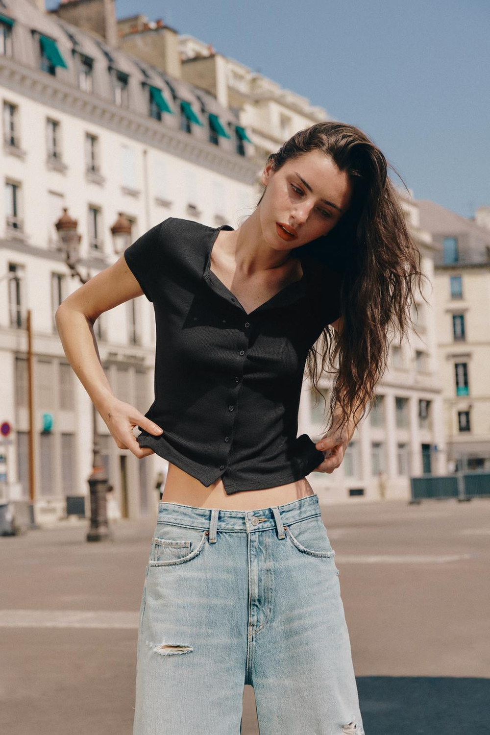 ZARA ФУТБОЛКА В РУБЧИК НА ПУГОВИЦАХ, ЧЕРНЫЙ