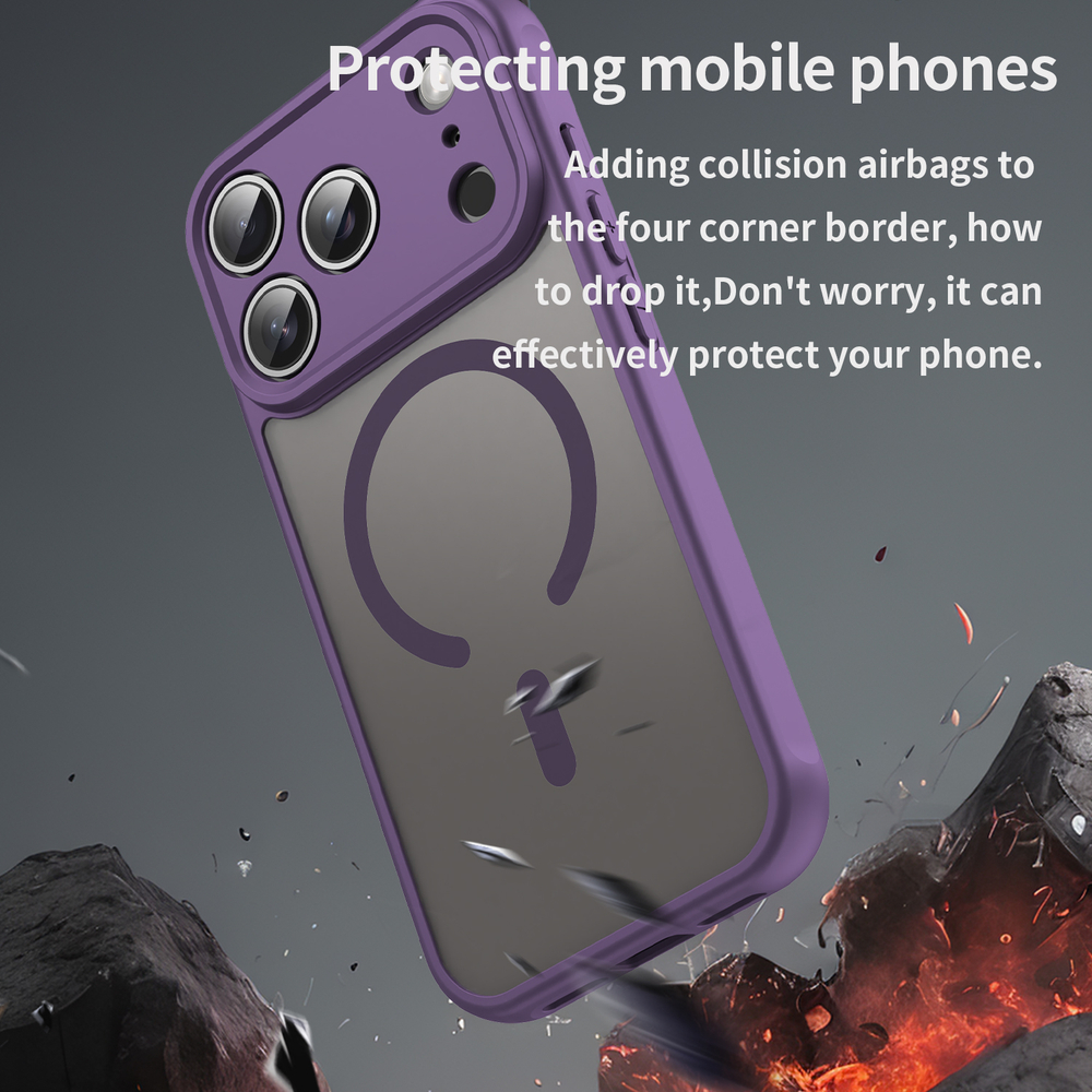Полупрозрачный матовый чехол с MagSafe для iPhone 17 Pro, усиленные боковые рамки фиолетового цвета