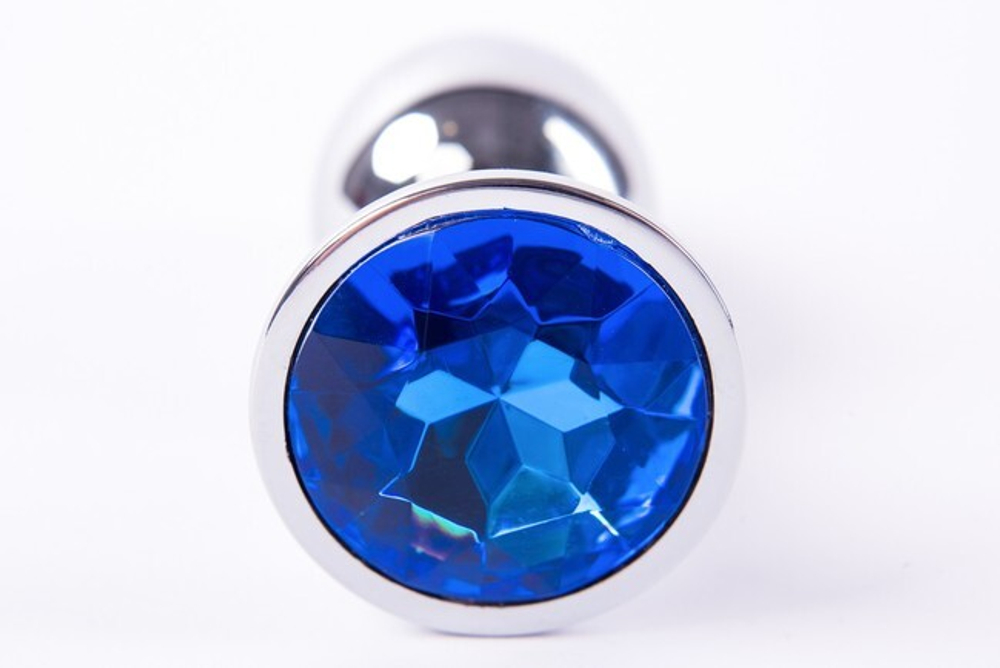 Анальная пробка металлическая серебристая с синим кристаллом Onjoy Metal Plug Silver Medium (Цвет: серебряный с синим)