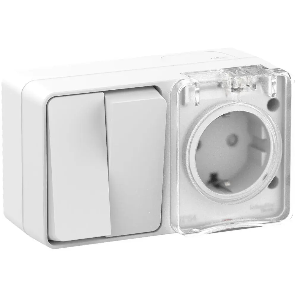 ATLASDESIGN PROFI IP54 О/У БЛОК: РОЗЕТКА с заземл. со шт., 16А, ВЫКЛЮЧАТЕЛЬ 2-клав., 10АХ, БЕЛЫЙ