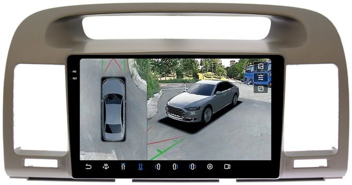 Магнитола для Toyota Camry 30 2001-2006 (рамка оливковая) - FarCar BX9-360-8200L монитор 9.5" 2K QLED на Android 13, Быстрая, CarPlay, 4G SIM-слот, 4 камеры в комплекте