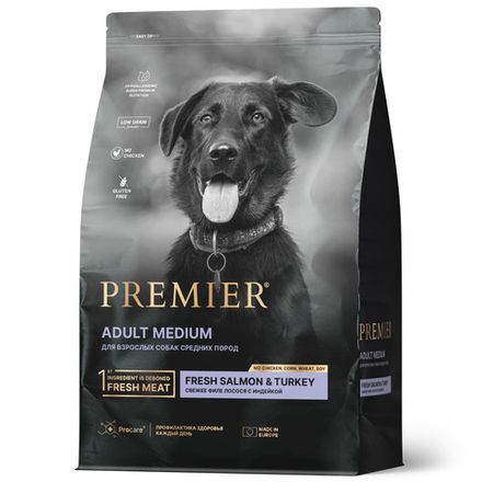 Сухой корм Premier Dog Salmon&Turkey ADULT Medium для собак средних пород свежее филе лосося с индейкой 3 кг