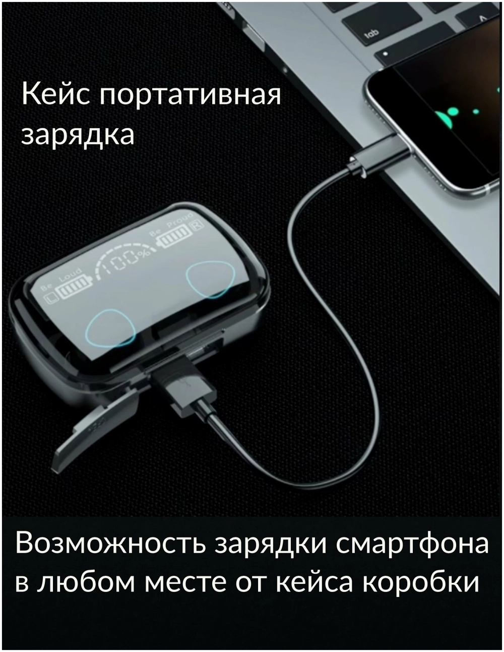 Гарнитура Bluetooth для смартфона M10 Newest LED-Дисплей + повербанк чёрный (Bluetooth 5.3 Время работы до 4ч)