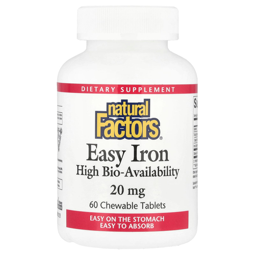Natural Factors, Железо, 20 мг, 60 жевательных таблеток
