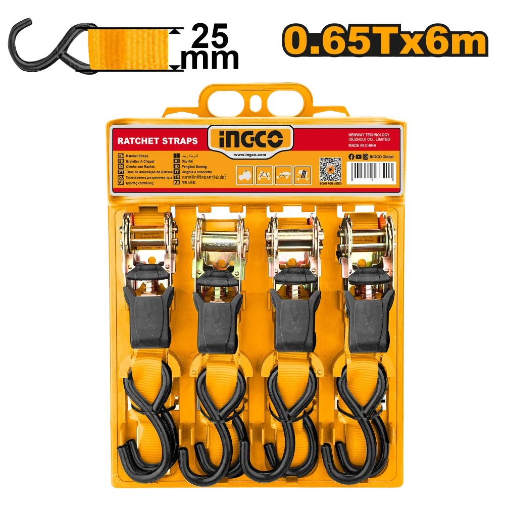 Набор стяжных ременей с храповиком INGCO HRSP065607 0,65 т/6 м 4 шт.
