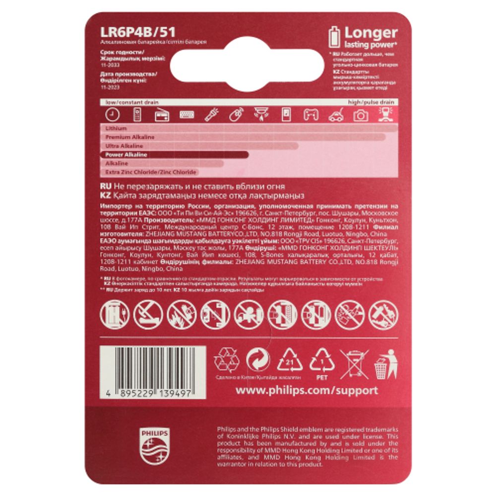 Батарейки Philips LR6P4B/51 АА алкалиновые 1,5v 4 шт. LR6-4BL Power (4/48/144/18432) | Батарейки Щелочные (Алкалиновые)