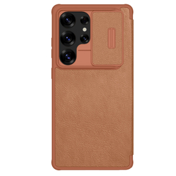 Кожаный чехол книжка коричневого цвета от Nillkin для Samsung Galaxy S25 Ultra, серия Qin Pro Leather с сдвижной защитной шторкой для камеры