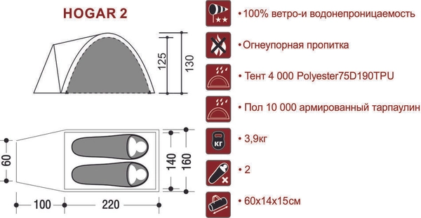 Палатка двухместная HOGAR 2 INDIANA(оливковый/серый.)