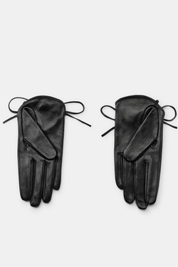 ZARA КОЖАНЫЕ ПЕРЧАТКИ С БАНТОМ, ЧЕРНЫЙ