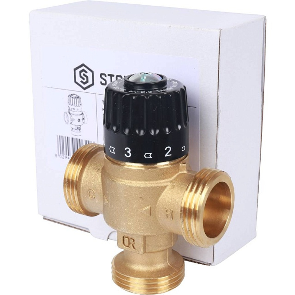 Клапан термостатический смесительный STOUT - 1" (НР, 30-65°C, Kvs 2.3, T-образное смешивание)