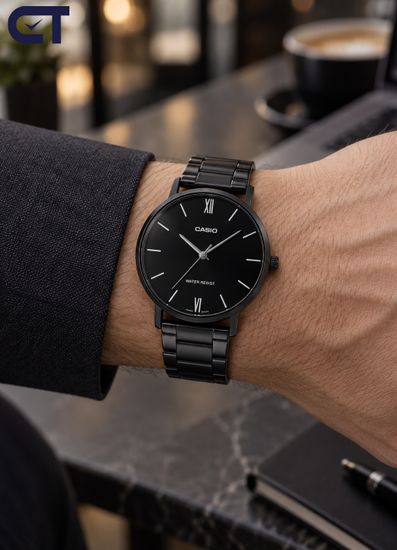CASIO MTP-VT01B-1B CASIO Collection мужские наручные часы — полностью чёрный дизайн, тонкий корпус и чистый минимализм
